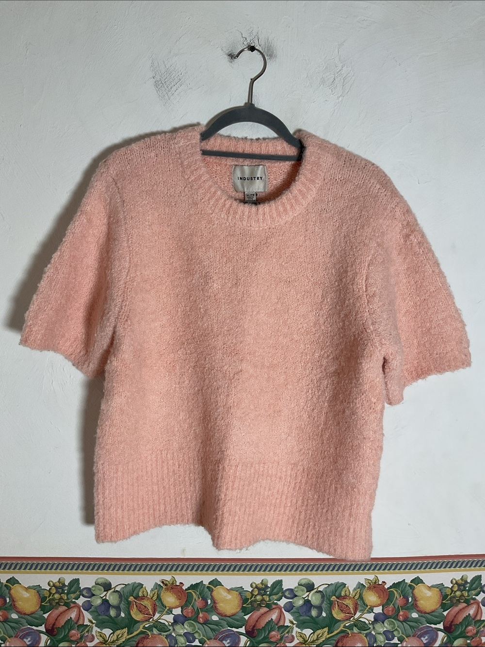 INDUSTRY Pink Wool Blend Fuzzy Boucle Short Sleeve Knit Sweater Size XL NWT